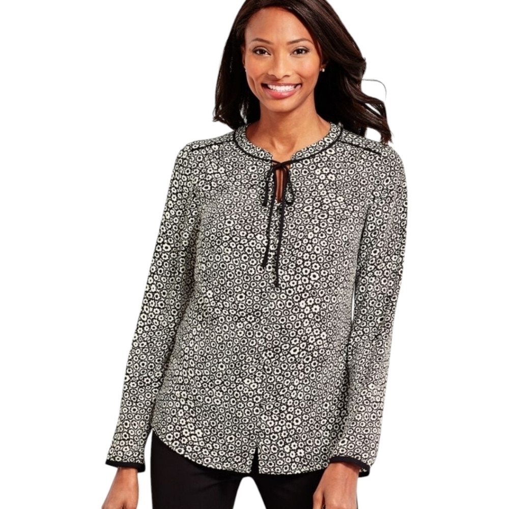 Talbots Black and White Jewel neckline Bow-tie Blouse